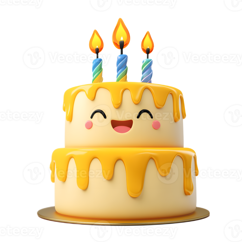 Cheerful 3D Rendered Birthday Cake with Colorful Emoji Candles on White Background png
