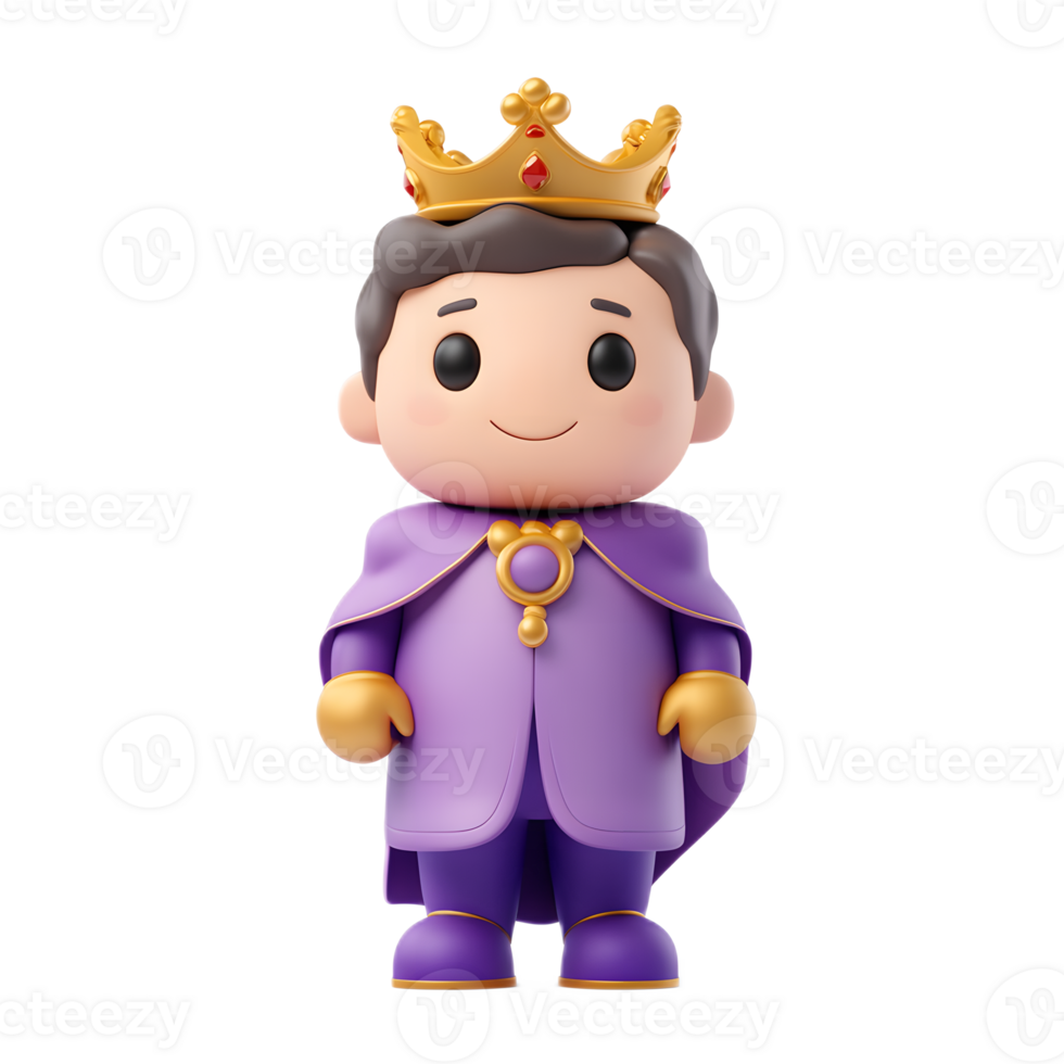 Cheerful 3D Rendered Prince Cartoon Character with Crown and Purple Costume png