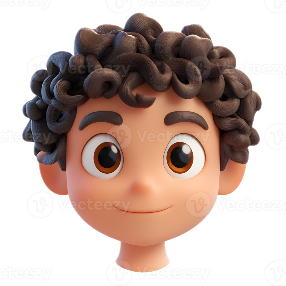 Cheerful Curly Haired Cartoon Character with Friendly Expression in 3D Render png