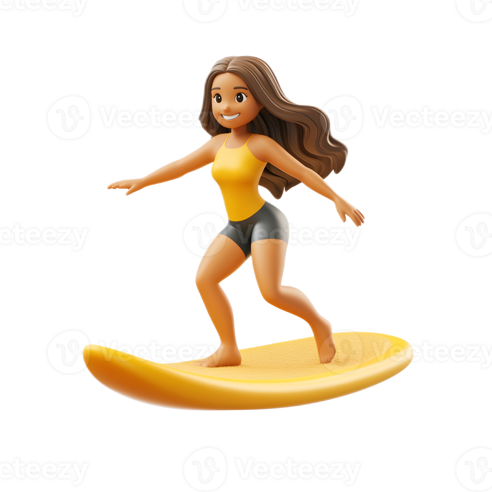 Energetic Woman Surfing on Yellow Surfboard Isolated on White Background png