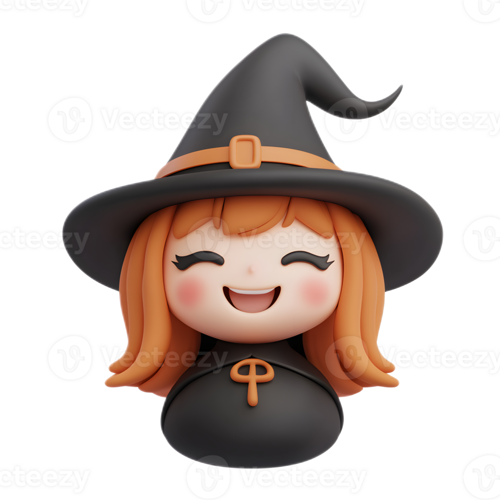 Cheerful Witch Emoji Character with Halloween Costume and Accessories in 3D Render png
