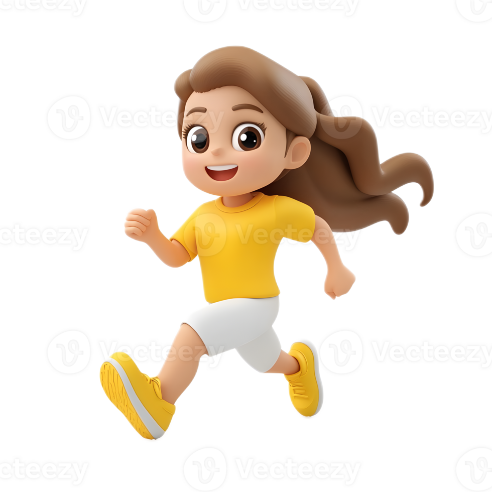 Energetic 3D Cartoon Girl Running Across a White Background with a Cheerful Facial Expression png
