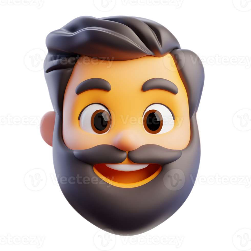 Friendly 3D Rendered Cartoon Man with Beard Emoji Portrait on White Background png