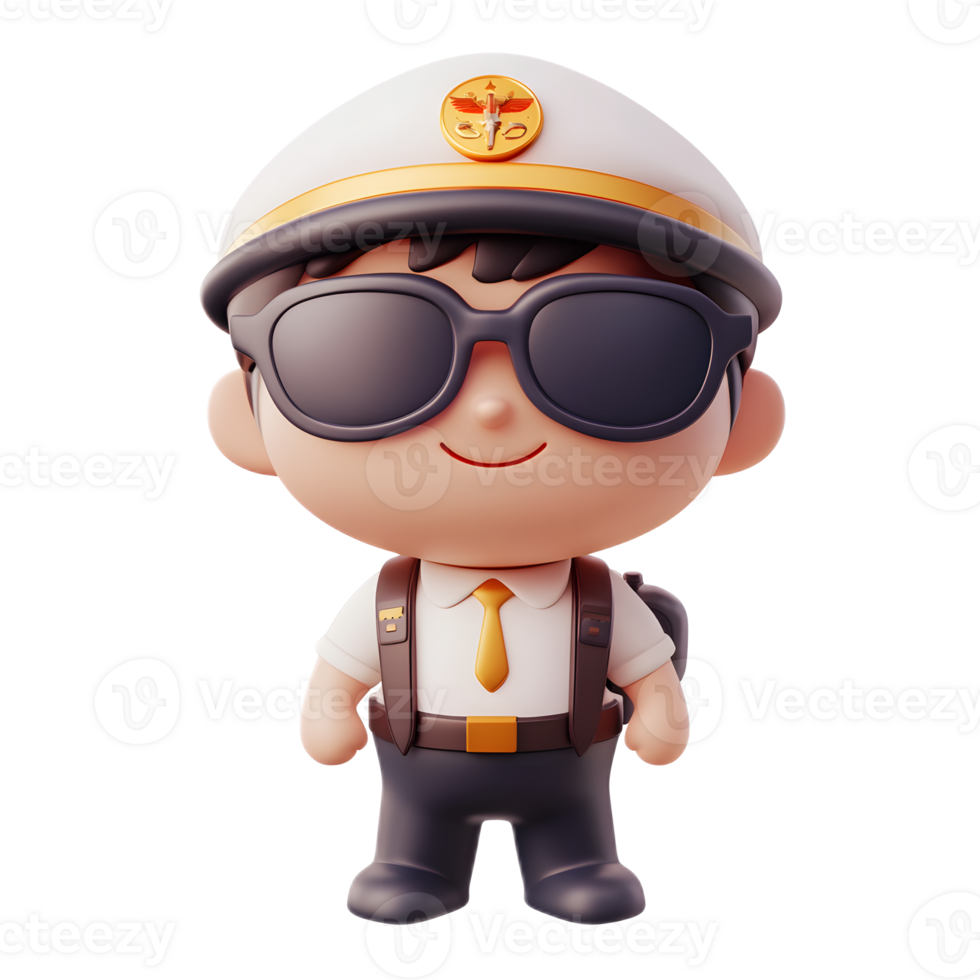 Cute 3D Rendered Pilot Emoji with Sunglasses and Uniform Insignia on White Background png