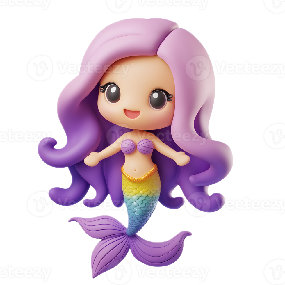 Cheerful Mermaid Emoji Character 3D Render Isolated on White Background png