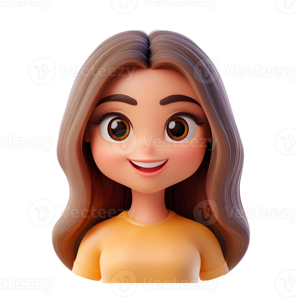 Cheerful Female Cartoon Character in 3D Render with Friendly Facial Expression on White Background png