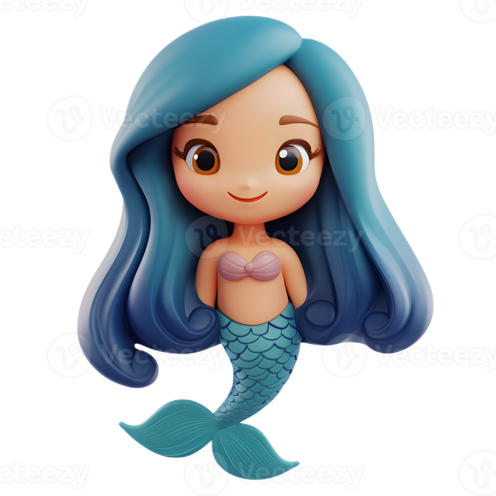 Cheerful Mermaid Emoji Character in 3D Cartoon Style on White Background png