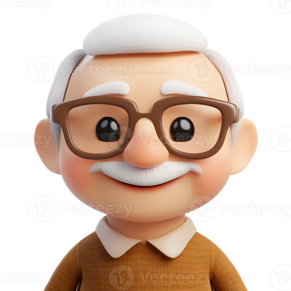 Cheerful Old Man Cartoon Character with Glasses Smiling Against White Background png