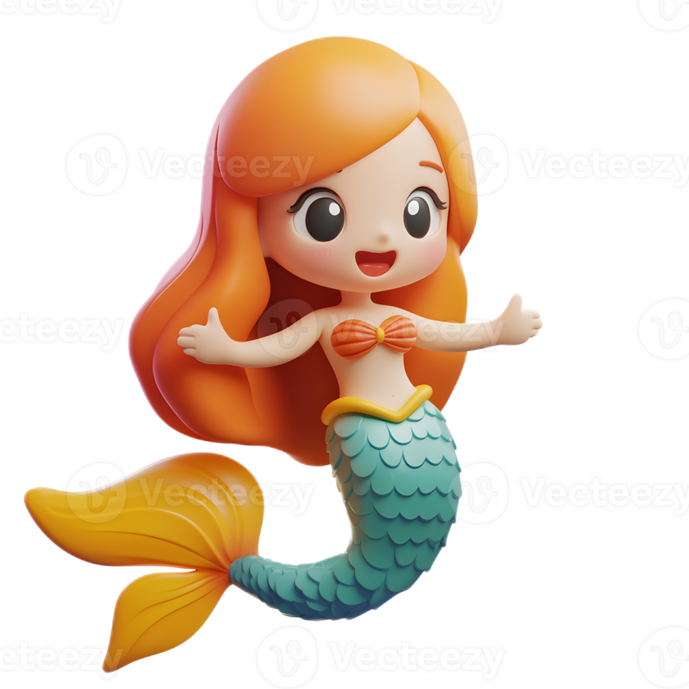Cheerful Mermaid Emoji Character 3D Render on White Background png