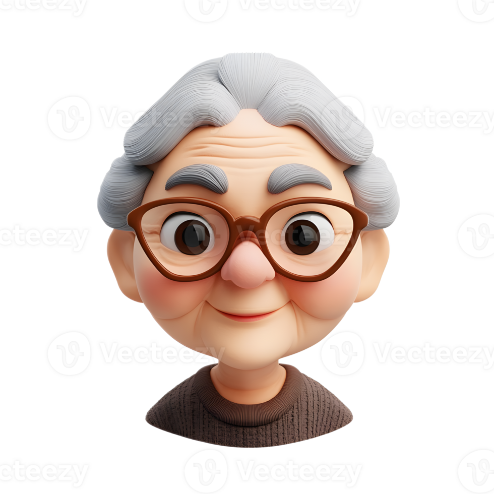 Cheerful Elderly Woman Emoji Portrait in 3D Cartoon png