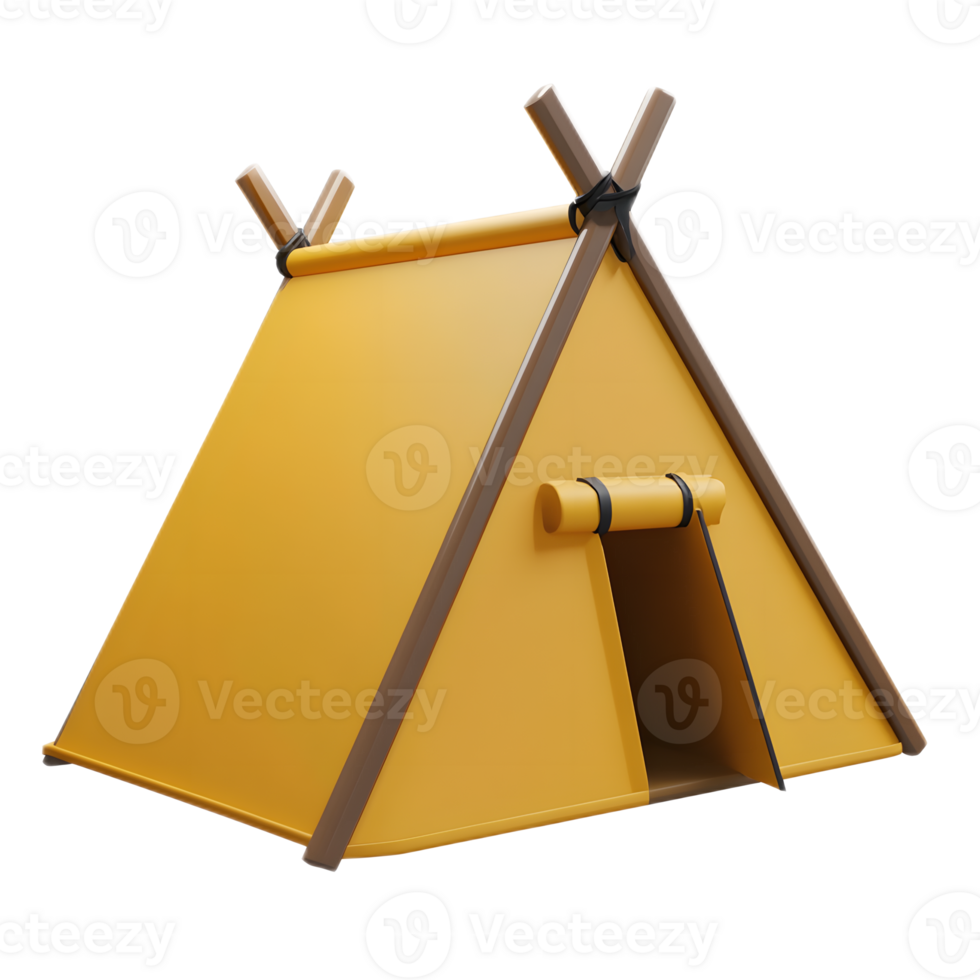 Geometric 3D Rendered Camping Tent Icon in Yellow and Brown Isolated on White Background png