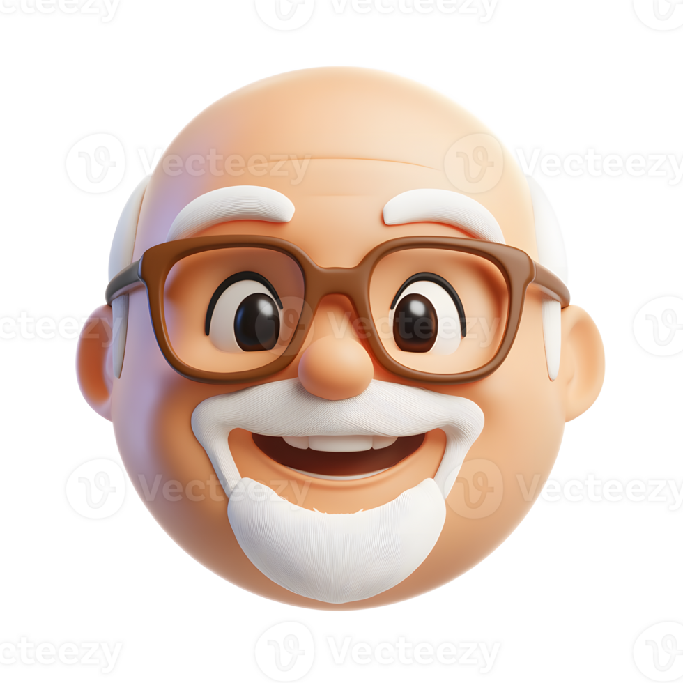 Cheerful Elderly Man 3D Render Smiling Bald Grandfather Avatar with Glasses png