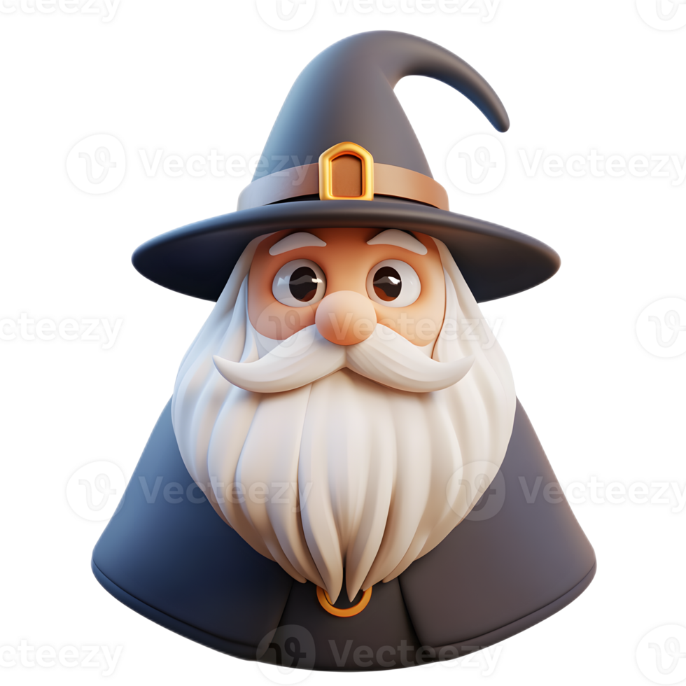 Cheerful Wizard Emoji with Conical Hat and Beard in 3D Render on White Background png