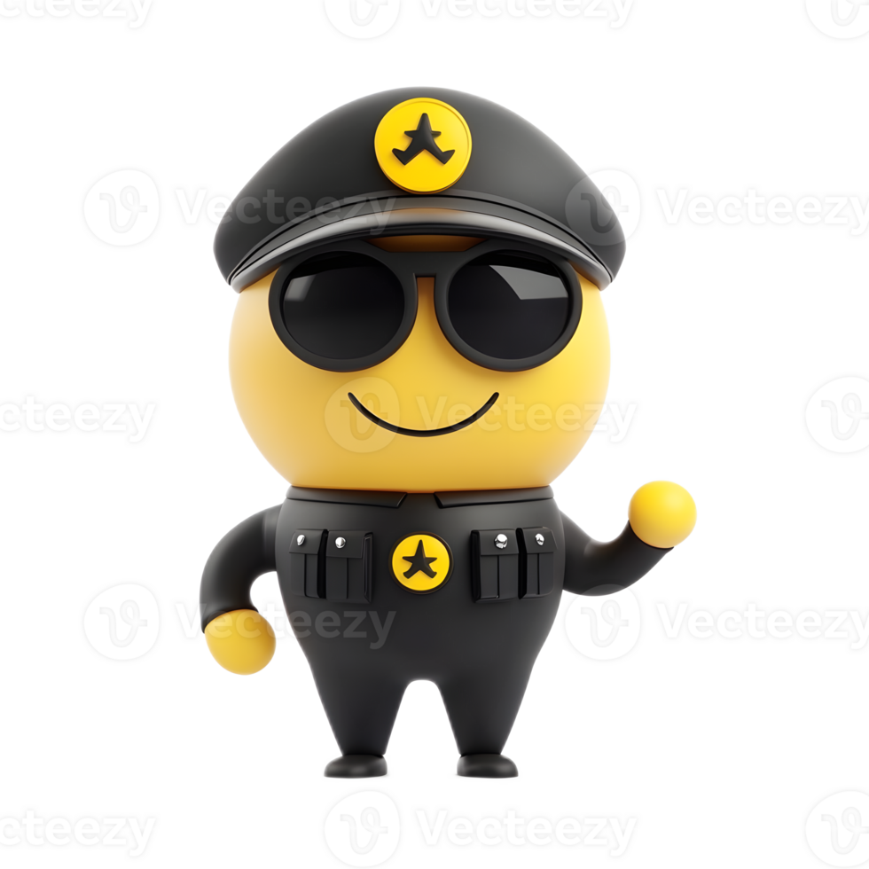 Confident 3D Emoji Guard Character with Black Uniform Yellow Hat and Sunglasses Isolated on White Background png