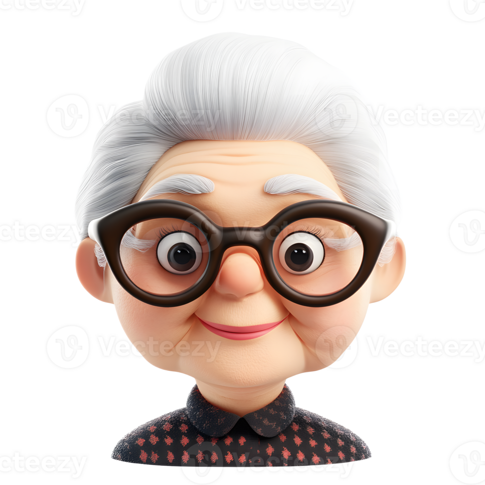 Cheerful Elderly Woman Emoji 3D Rendered Digital Portrait of Cute Senior Character png