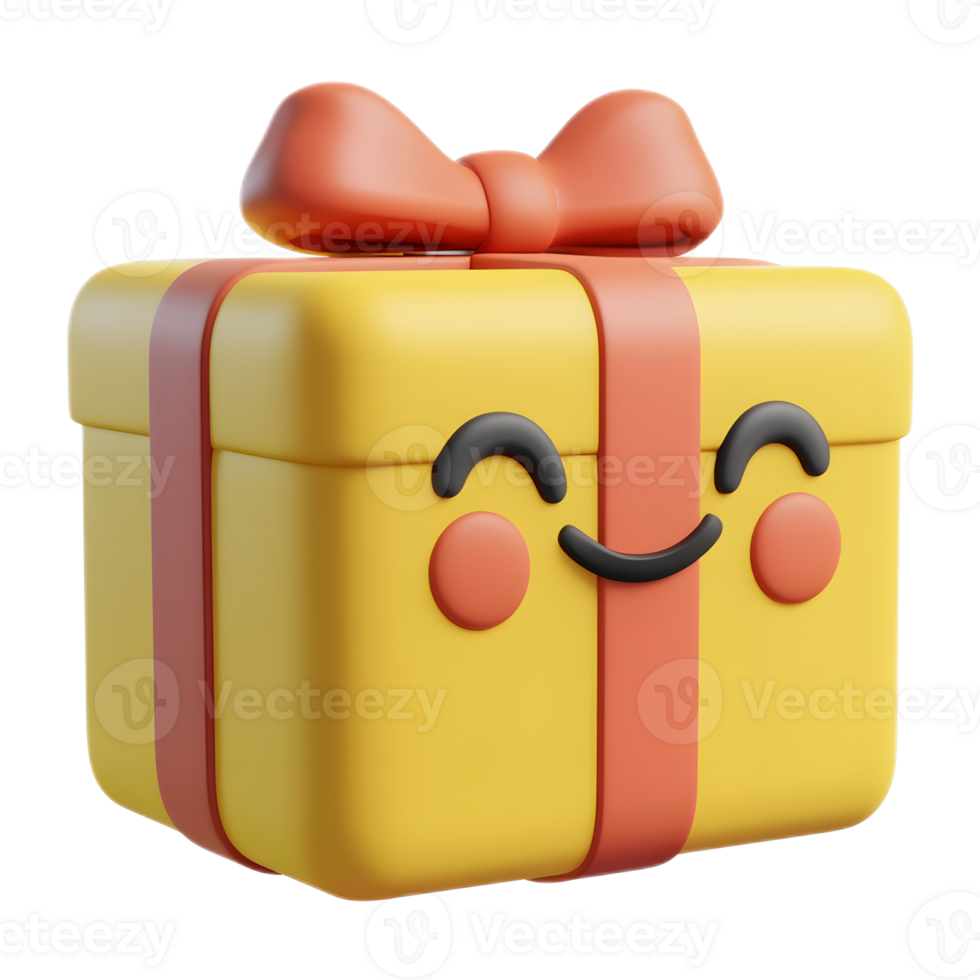 Cheerful Yellow 3D Emoji Gift Box with Red Ribbon and Bow on White Background png