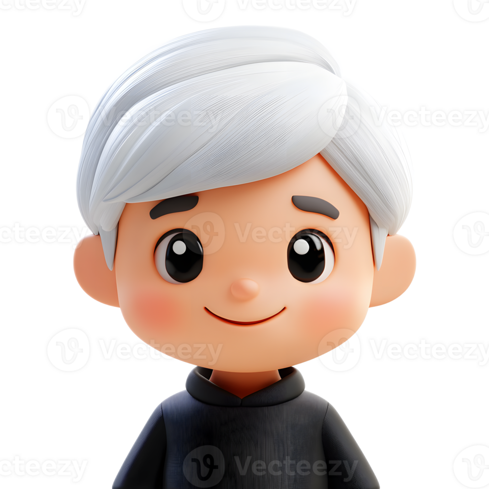 Friendly Cartoon Character with White Hair Smiling Isolated on White Background png
