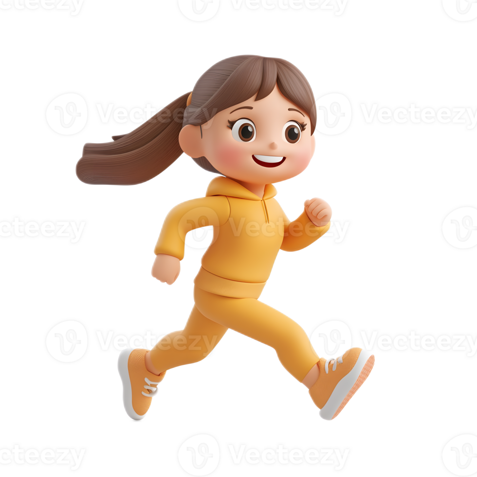 Joyful 3D Rendered Girl Emoji Running with Enthusiasm on White Background png