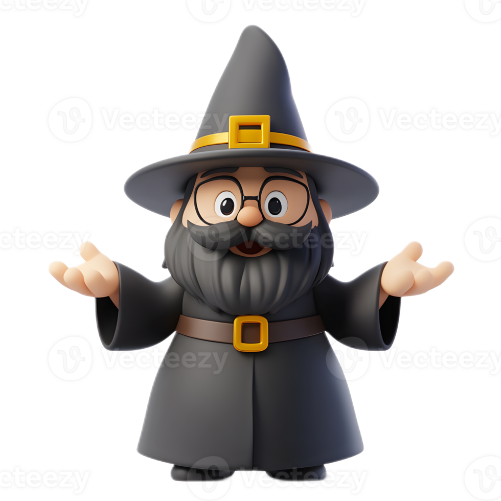 Mischievous Wizard Emoji Animated 3D of a Bearded Sorcerer Character in a Pointed Hat on White Background png