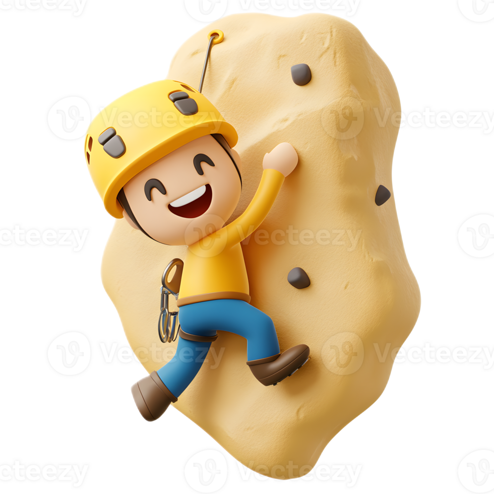 Joyful Cartoon Climber Scaling Rugged Rock Wall on White Background png