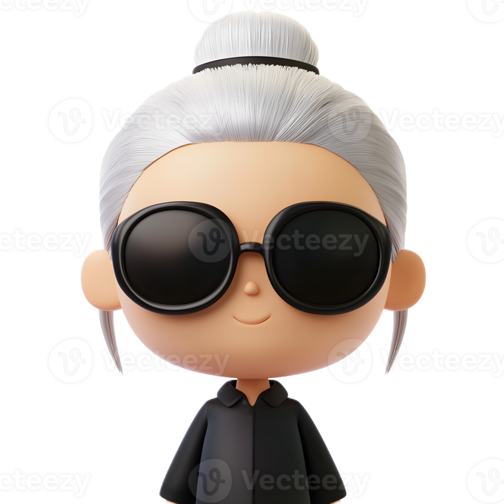 Stylized 3D Rendered Emoji Like Character Wearing Sunglasses and Bun Hairstyle png