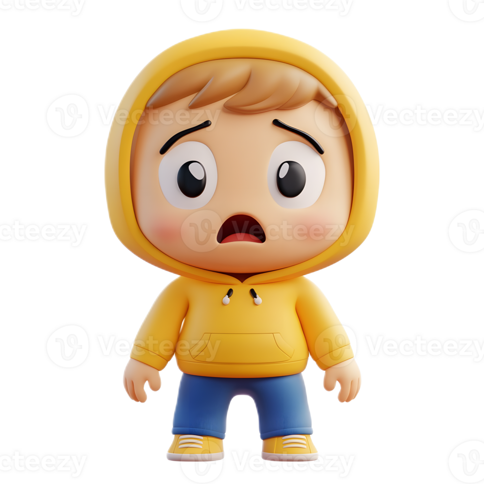 Surprised 3D Cartoon Character in Yellow Hoodie Isolated on White Background png