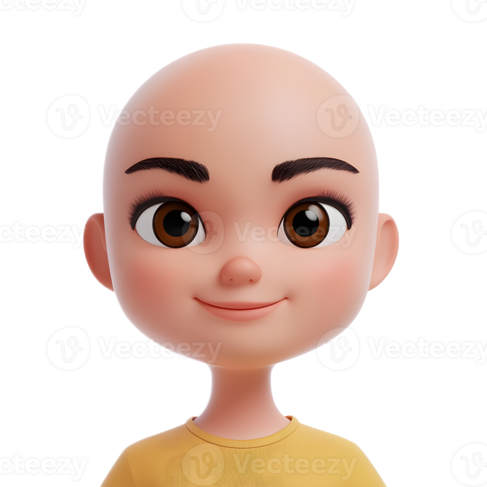 Stylized 3D Rendered Bald Female Character with Cheerful Emoji Like Expression png