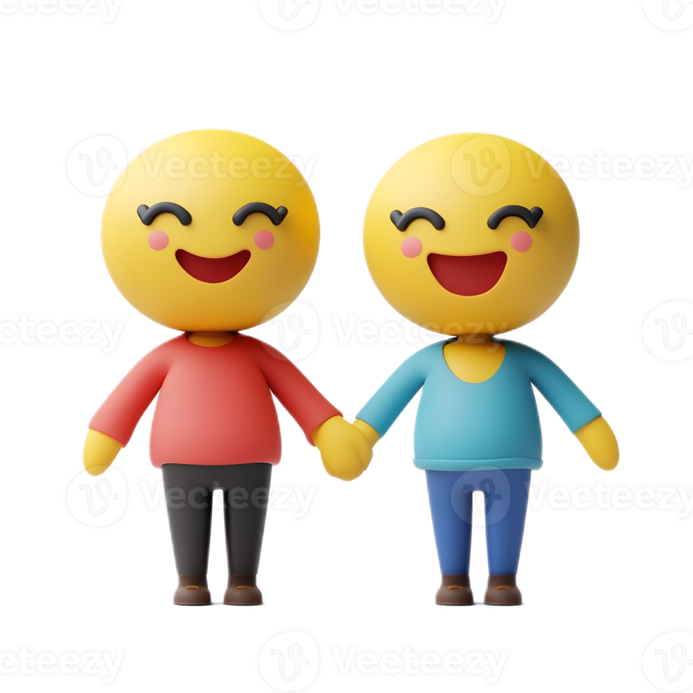 Smiling Emoji Figures Holding Hands in 3D Render png