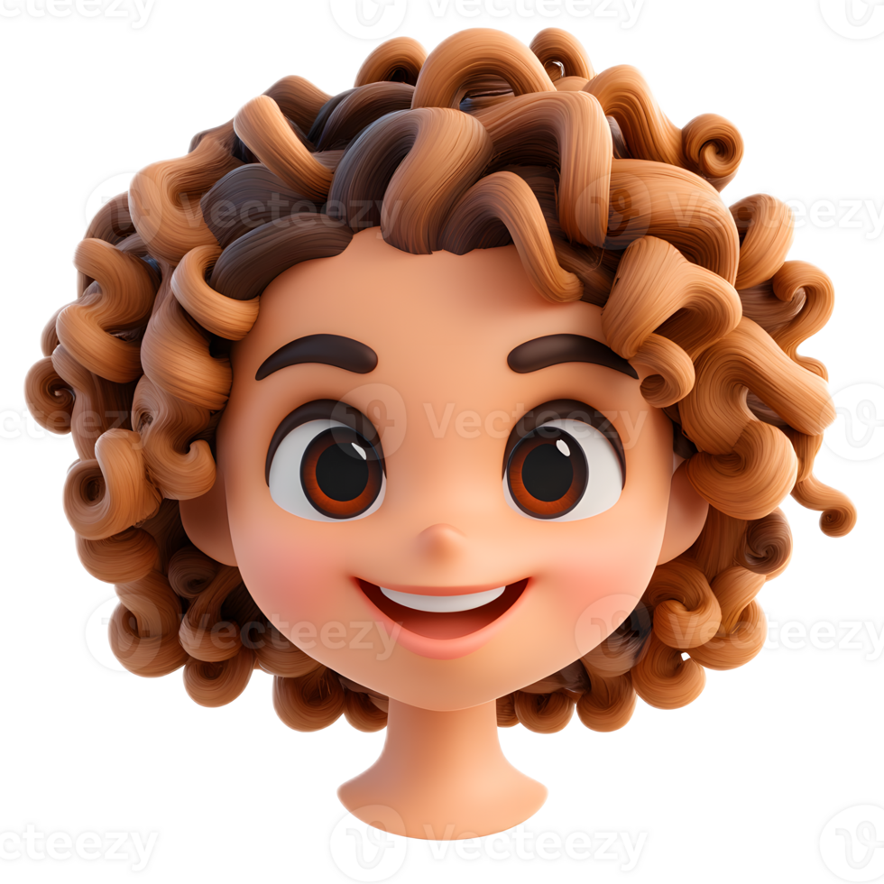 Stylized 3D Render of a Cheerful Curly Haired Emoji Like Female Character on White Background png