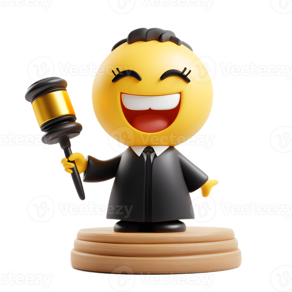 Stylized 3D Render of Cheerful Judicial Emoji Character Wielding Gavel on White Background png
