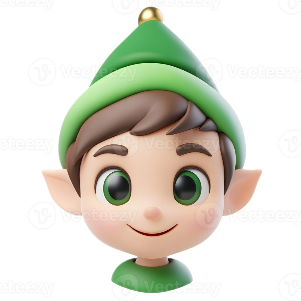 Playful Elf Emoji 3D Render with Festive Green Hat and Big Smile png