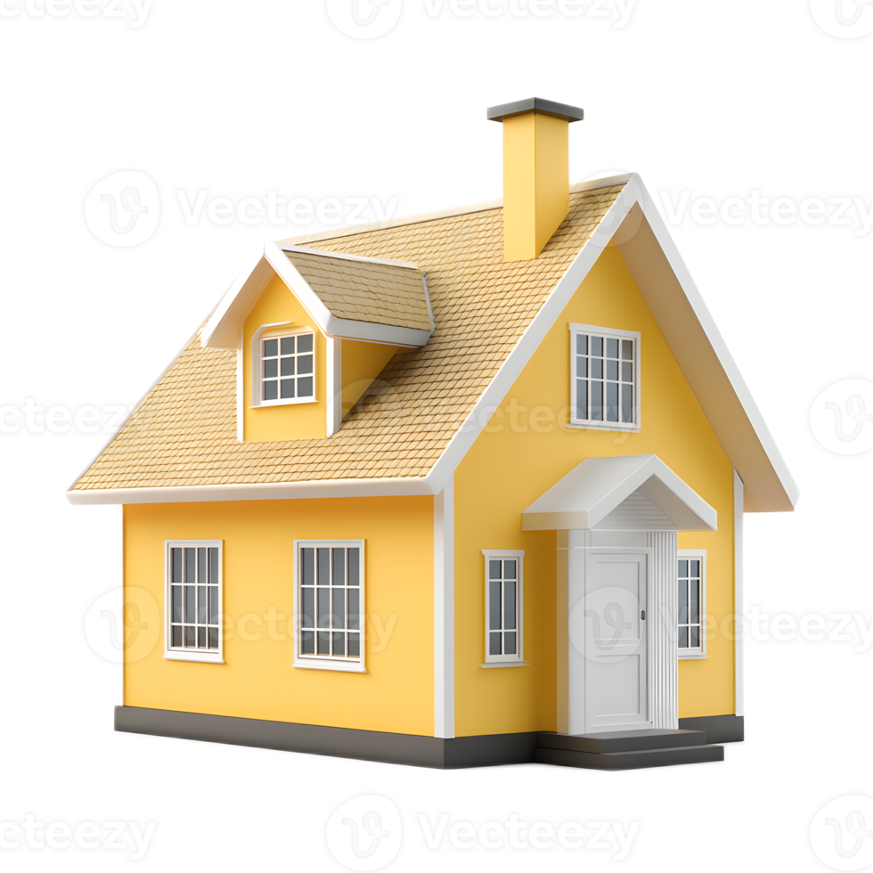 Charming Yellow Wooden House with Chimney and Windows on White Background png