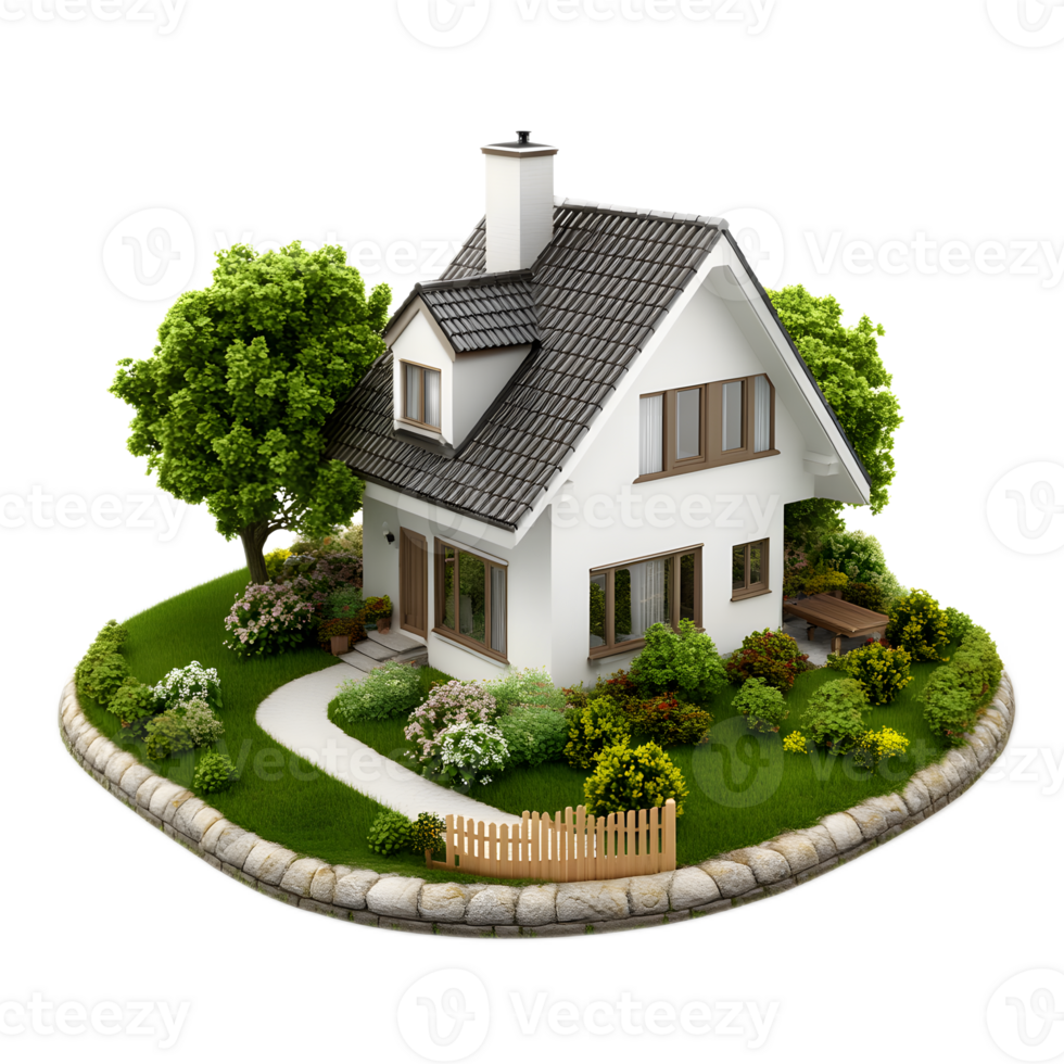 Charming 3D Rendered House with Well Manicured Garden and Lush Greenery png