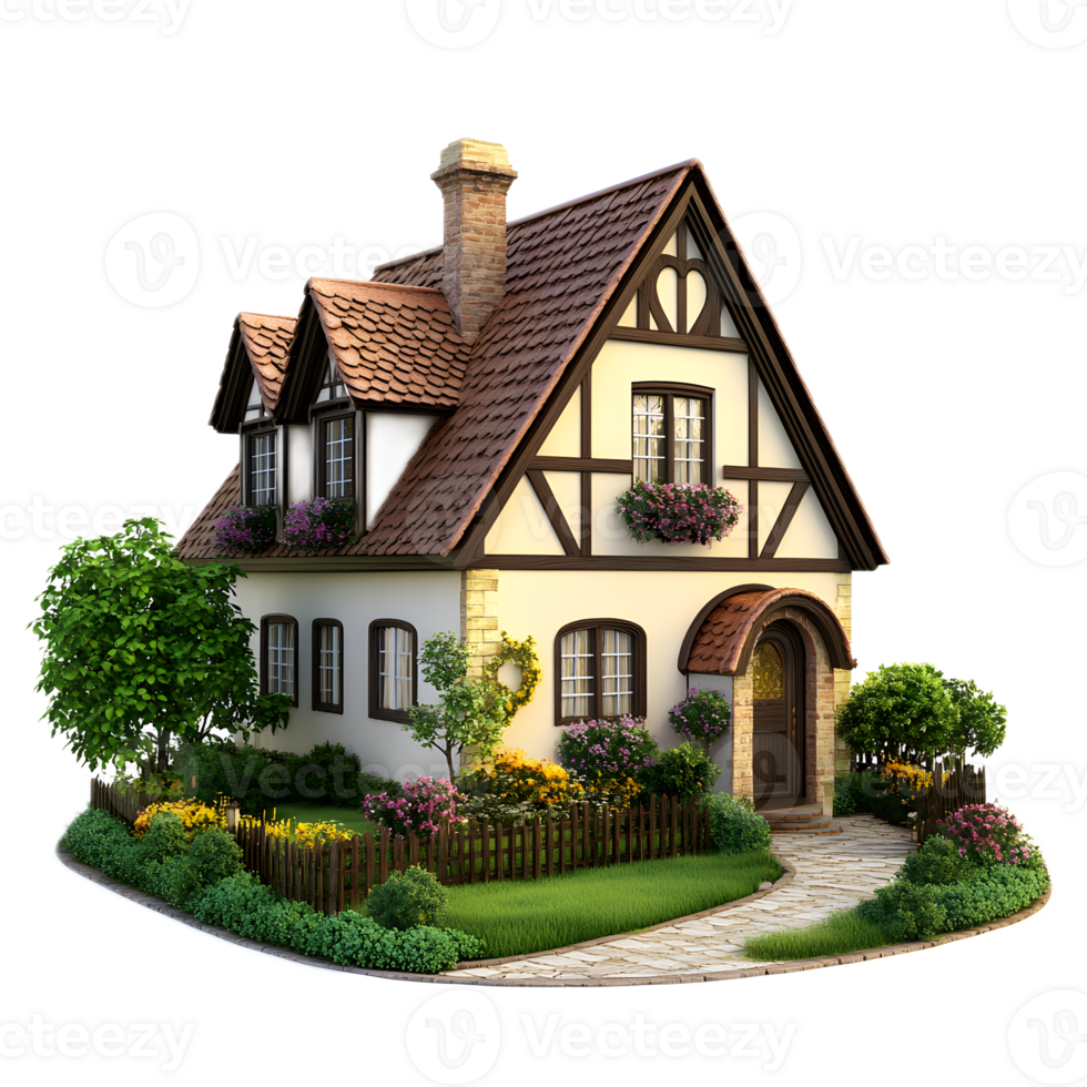 Charming Tudor Style House Surrounded by Lush Garden in Picturesque Countryside Landscape png