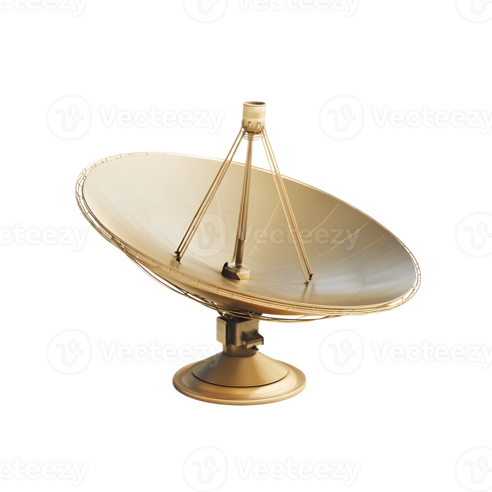 Golden Satellite Antenna Dish on White Background 3D Rendered Telecommunication Symbol png