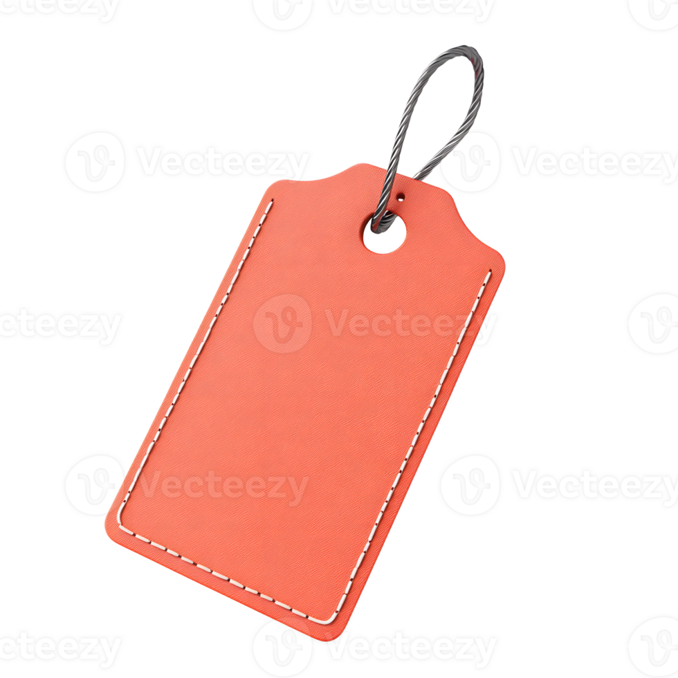 Closeup of Hanging Red Leather Price Reduction Tag Isolated on White Background png