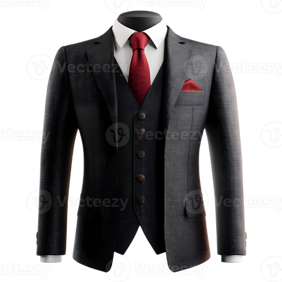 Elegant Club Suit with Red Tie and Pocket Square on White Background png