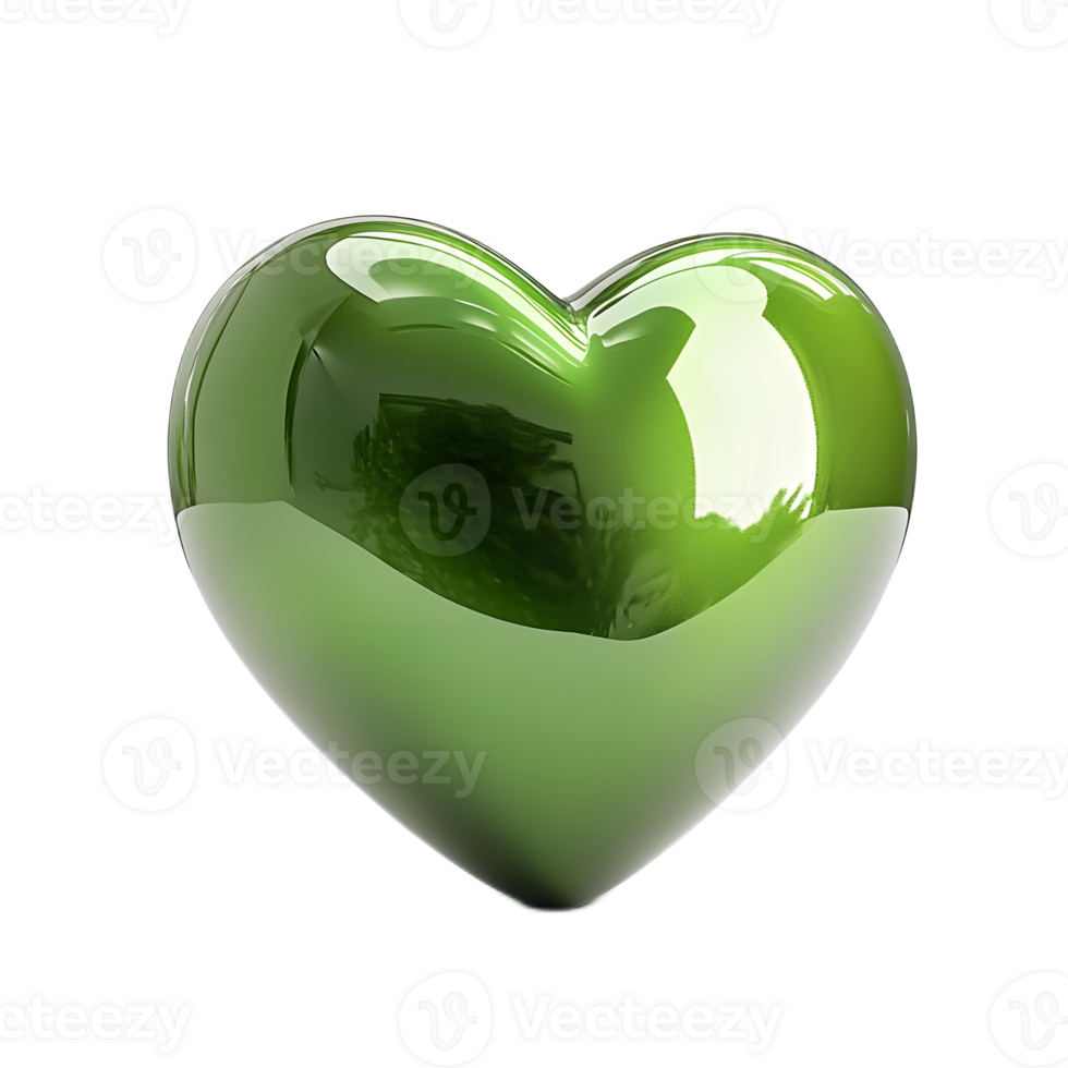 Glossy Green Heart Shaped 3D Render with Reflections on a Clean White Background png
