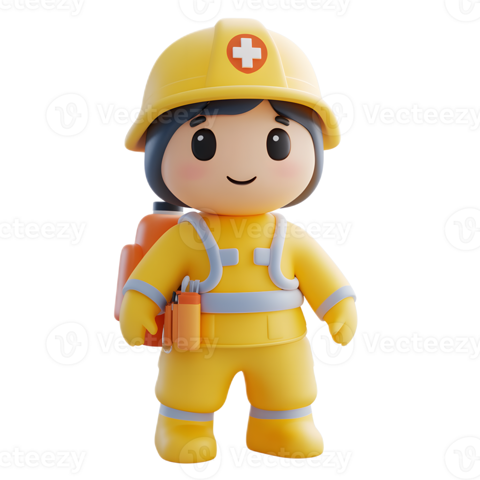 Cute 3D Rendered Cartoon Firefighter Emergency Responder Icon with Protective Uniform and Helmet png