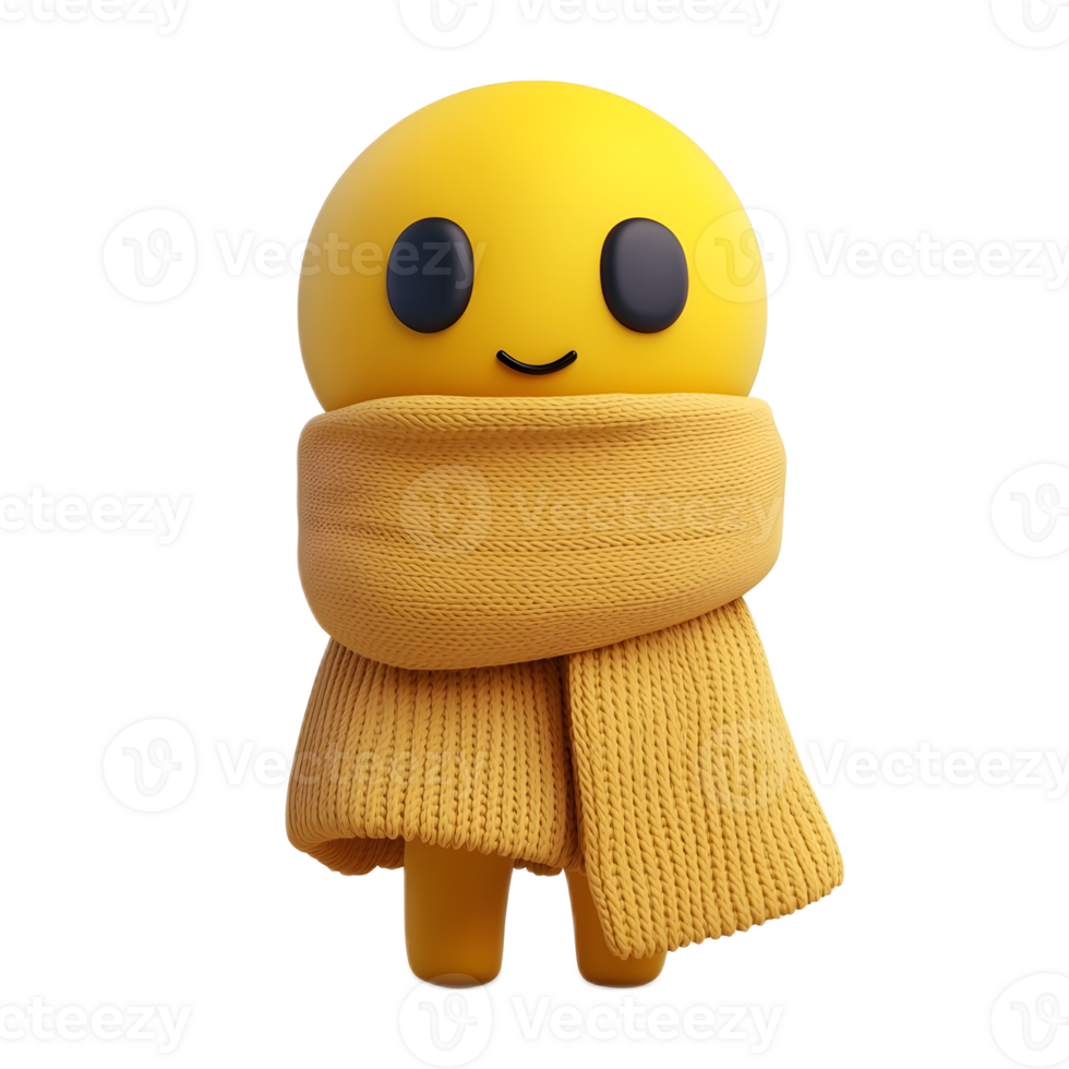Cute Smiling Emoji Toy Wearing Cozy Yellow Scarf in Studio 3D Render png