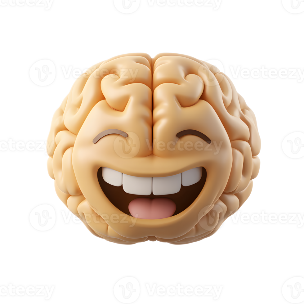 Happy 3D Rendered Brain Emoji with Joyful Expression on White Background png