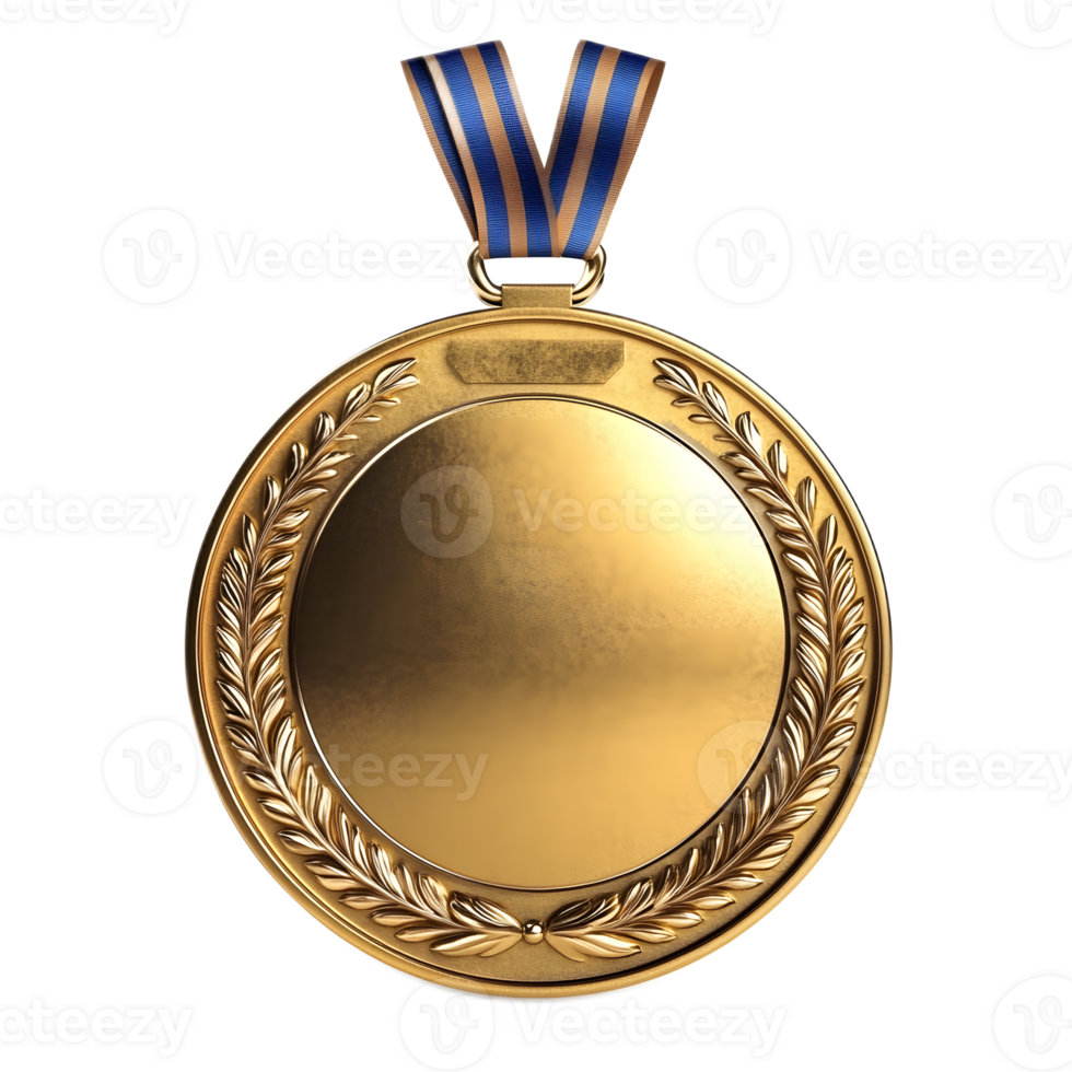 Glorious Golden Medal with Laurel Wreath and Ribbon Isolated on White png