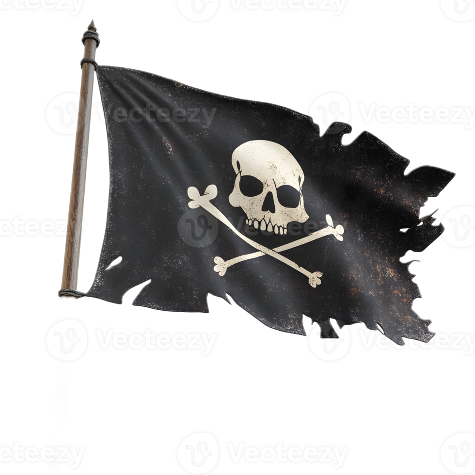 Iconic Pirate Flag with Skull and Crossbones Waving in the Wind on White Background png