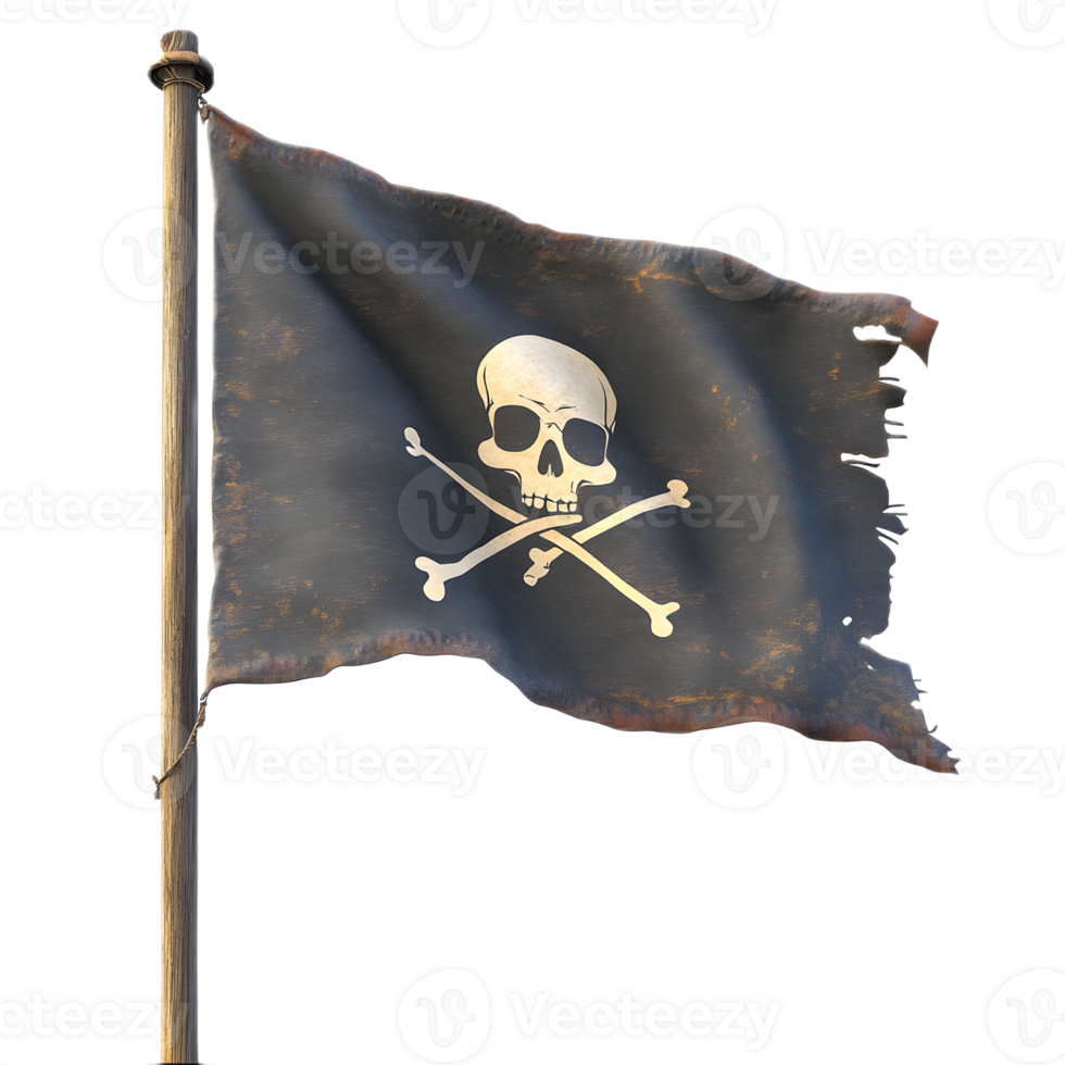 Iconic Pirate Flag with Skull and Crossbones Displayed on Stormy Seas Background png
