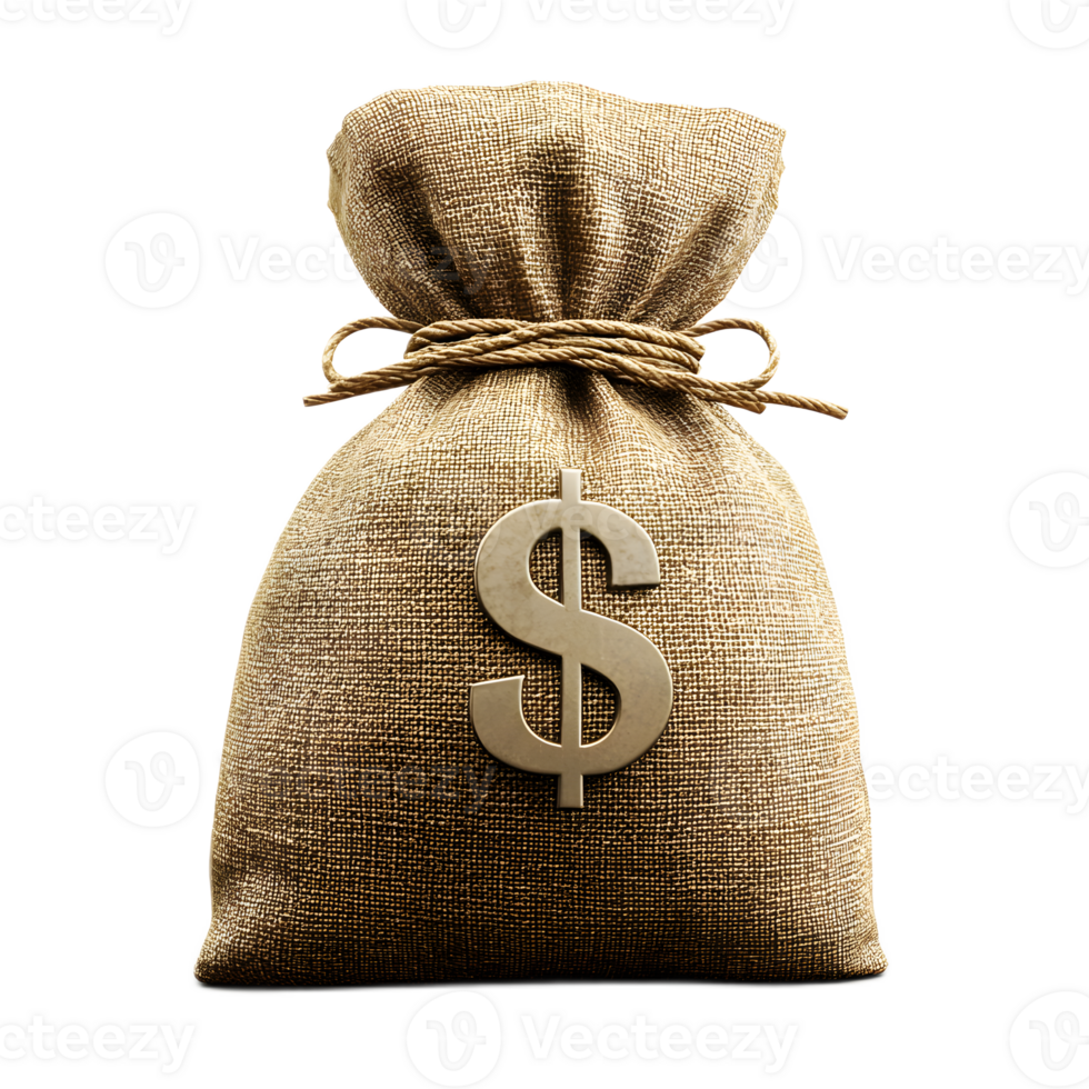 Iconic 3D Render of Burlap Sack Filled with Money on White Background png