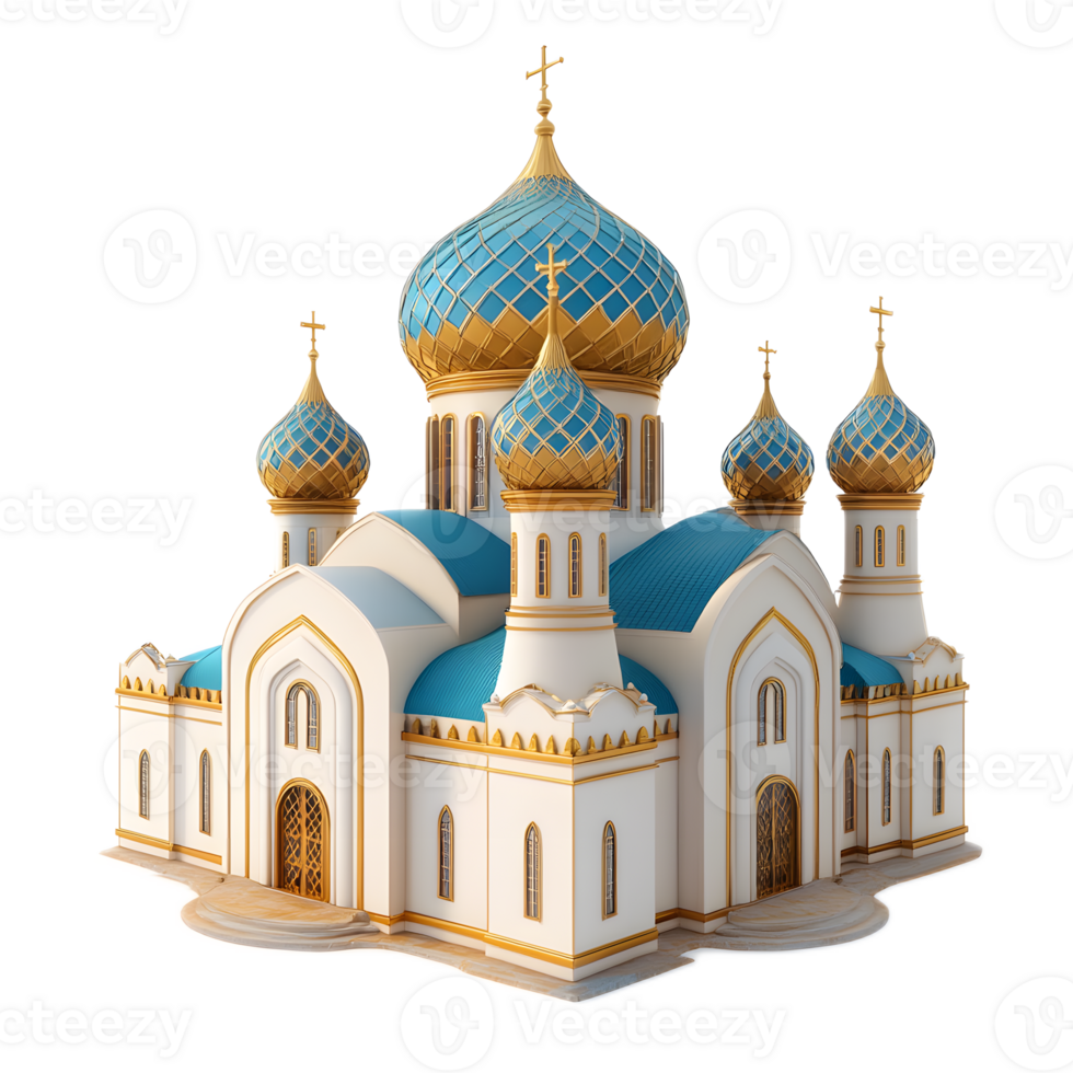 Ornate Russian Orthodox Cathedral with Iconic Onion Shaped Domes and Spires in a Serene Landscape png