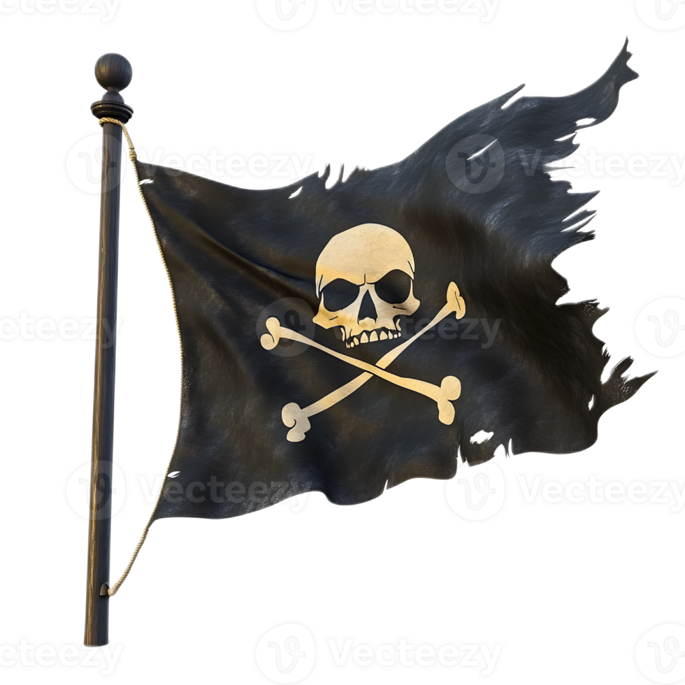 Menacing Pirate Flag with Skull and Crossbones Waving Ominously on White Background png