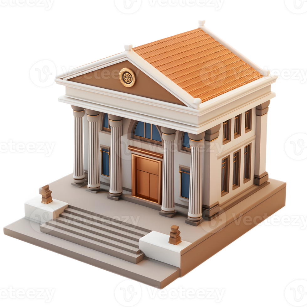Neoclassical Financial Institution Facade with Columns and Pediment on White Background png