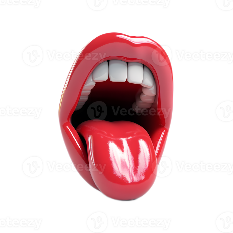 Isolated 3D Rendering of Tongue Emoji with Expressive Red Lips and Open Mouth on White Background png