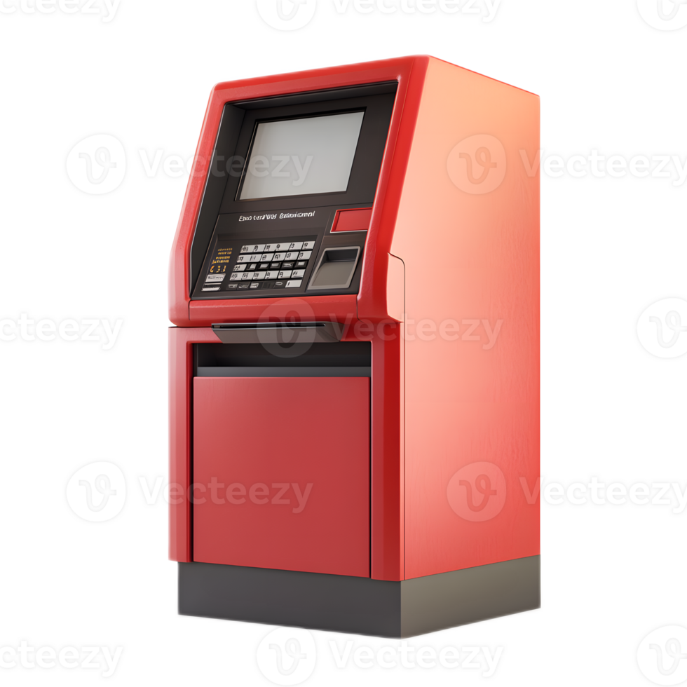 Isolated Red ATM Cash Withdrawal Kiosk on White Background 3D Render png